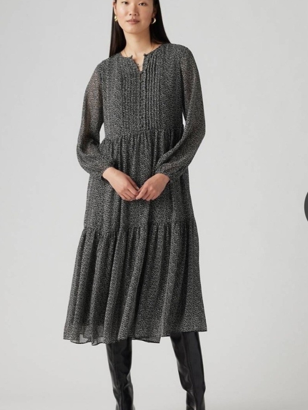 Levi's Cielo Georgette Dress; a tiered black dress feat. white botanical print